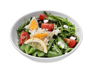 Delicious salad with boiled egg, tomatoes and cheese in bowl isolated on white