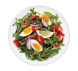 Delicious salad with boiled eggs, vegetables and bacon isolated on white, top view