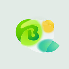 B letter eco logo in round splash with green leaf and sun. Realistic glassmorphism style translucent icon.