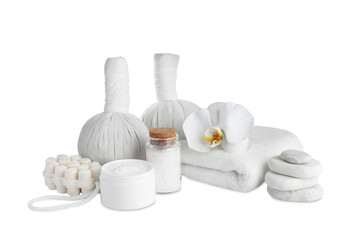 Fototapeta na wymiar Beautiful spa composition with different care products isolated on white
