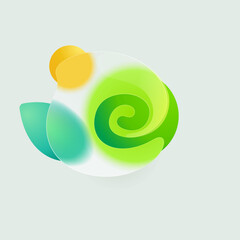 E letter eco logo in round splash with green leaf and sun. Realistic glassmorphism style translucent icon.