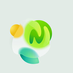 N letter eco logo in round splash with green leaf and sun. Realistic glassmorphism style translucent icon.