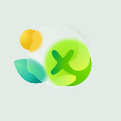 Fototapeta premium X letter eco logo in round splash with green leaf and sun. Realistic glassmorphism style translucent icon.