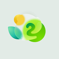Number two eco logo in round splash with green leaf and sun. Realistic glassmorphism style translucent icon.
