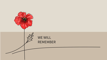 Red bright poppy flower, Vector doodle banner, poster for Remembrance Day, Memorial Day, Anzac Day. - obrazy, fototapety, plakaty