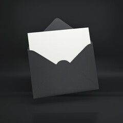 Black open envelope with a sheet of paper floating on a black background, 3d render