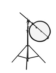 Tripod with studio reflector isolated on white. Professional photographer's equipment