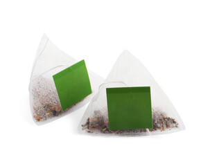New pyramid tea bags on white background