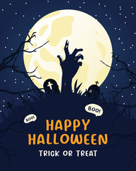 Background for Halloween with Zombie, trees, moon, in night forest, Halloween flyer, banner