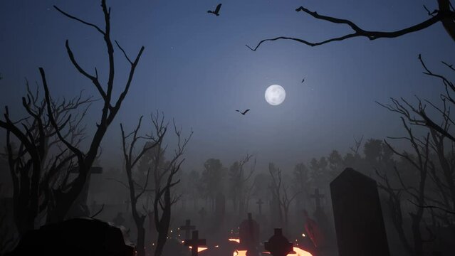 3d-render. Birds are circling over an old abandoned cemetery under a full moon. Halloween