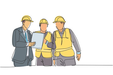 One continuous line drawing of young managers explaining short brief about construction concept to construction builders. Building architecture business concept. Single line draw design illustration
