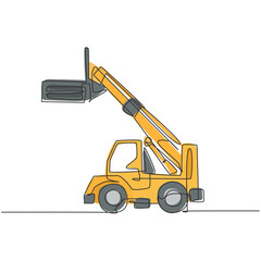 Single continuous line drawing of forklift for loading goods in warehouse, commercial vehicle. Heavy loader machines equipment concept. Trendy one line draw design graphic vector illustration