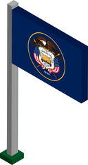 Utah US state flag on flagpole in isometric dimension.