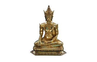 Figurine of Gold Brass Phra Phut Sik Khi Thotsaphon (First Buddha) buddha sculpture statue isolated on white background with clipping path. Selective focus.