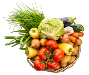 Titel: PNG Basket with vegetables. Potatoes, onions, tomatoes, cabbage and other vegetables, View from above