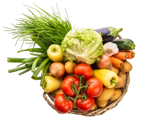 Fototapeten Titel: PNG Basket with vegetables. Potatoes, onions, tomatoes, cabbage and other vegetables, View from above © Nataliya Schmidt