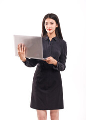 Business woman in black blouse and skirt on white background