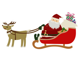 たくさんのプレゼントを配るサンタクロースと、ソリを引くトナカイのの手描きイラスト
