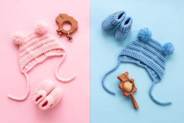 Baby shower concept. Infant cotton clothes with kids accessories, flat lay