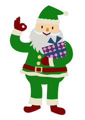 プレゼント持ってオッケーサインをする元気でかわいいサンタクロースの手描きイラスト