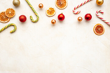 Festive Christmas flat lay with holiday decoration. Greeting card background