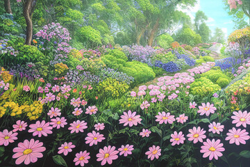 Obraz premium Park along the spring path through lovely garden landscape. Floral background in spring landscape