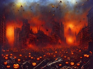 Burning futuristic city with remains and skulls on the ground, huge cinematic scene, white yellow and red lights, castles and amazing structures, halloween horror fantasy