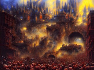 Burning futuristic city with remains and skulls on the ground, huge cinematic scene, white yellow and red lights, castles and amazing structures, halloween horror fantasy - obrazy, fototapety, plakaty