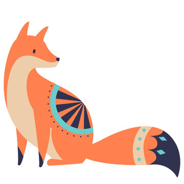 Scandinavian authentic minimal nordic fox illustration on isolated background. Fox with folk nordic geometry ornaments in flat modern scandinavian style. 
