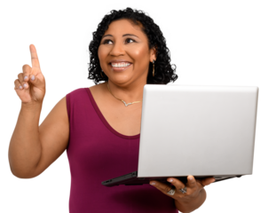 woman holds a laptop and points to a space on the left up