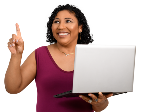 woman holds a laptop and points to a space on the left up