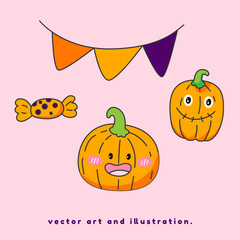 Pumpkin and candy. Cartoon vector art and illustration.