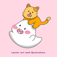 Little Ghost Riding Cat. Cartoon vector art and illustration.
