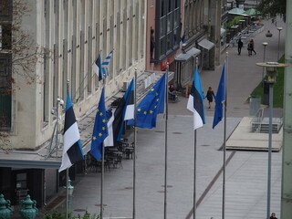 Fototapeta na wymiar Flags of Estonia and the European Union in Tallinn, Estonia