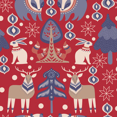 Scandinavian authentic minimal nordic seamless pattern with rabbit, hare, fox, tree, deer, bear, illustration on isolated background with folk ornaments in flat modern scandinavian style. 
