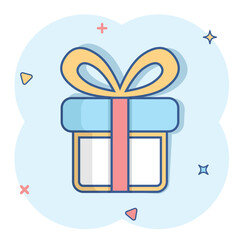 Gift box icon in comic style. Present package vector cartoon illustration on white isolated background. Surprise business concept splash effect.