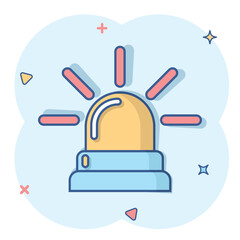 Emergency siren icon in comic style. Police alarm vector cartoon illustration on white isolated background. Medical alert business concept splash effect.