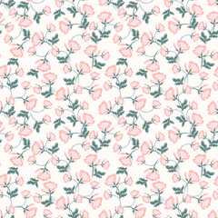 Fototapeta premium Gentle, seamless pattern with beautiful light pink flowers similar to poppy, peony, tea rose on white background. Vector illustration. Modern textile, branding, packaging, wallpapers, fabrics