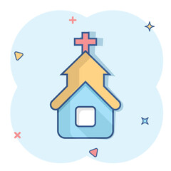 Church icon in comic style. Chapel vector cartoon illustration on white isolated background. Religious building business concept splash effect.