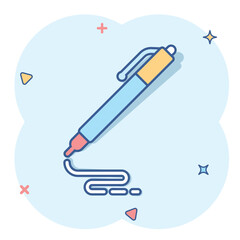 Pen icon in comic style. Ballpoint vector cartoon illustration on white isolated background. Office stationery splash effect business concept.