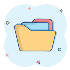 File folder icon in comic style. Documents archive vector cartoon illustration on white isolated background. Storage splash effect business concept.