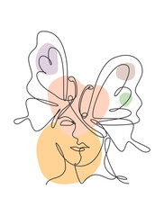 One continuous line drawing sexy woman abstract face with butterfly wings logo. Female portrait minimalist style concept. Cosmetic icon. Dynamic single line draw design vector graphic illustration