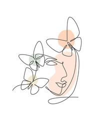 One single line drawing woman with butterfly line art vector illustration. Female abstract face butterfly botany portrait minimalistic print style concept. Modern continuous line draw graphic design