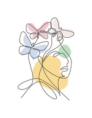 One continuous line drawing sexy woman abstract face with butterfly wings logo. Female portrait minimalist style concept. Cosmetic icon. Dynamic single line draw design vector graphic illustration