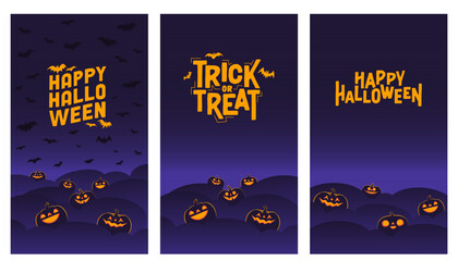 Happy Halloween banners. Vertical design for social media posts. Carved shinning pumpkins. Trick or treat.