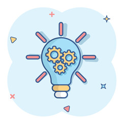 Innovation icon in comic style. Lightbulb with cogwheel cartoon vector illustration on white isolated background. Idea splash effect business concept.