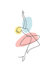 Obraz premium Single continuous line drawing pretty ballerina in ballet motion dance style. Beauty sexy dancer concept logo, Minimalist poster print art. Trendy one line draw design vector graphic illustration