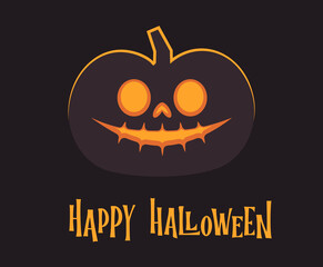 Halloween pumpkin illustration. Funny Jack O Lantern glowing from inside. Flat design on dark background.