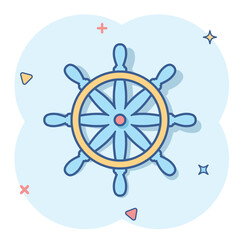Helm wheel icon in comic style. Navigate steer cartoon vector illustration on white isolated background. Ship drive splash effect business concept.