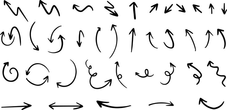 PNG set of arrows pointing in different directions. Hand drawn, doodle elements isolated on white background